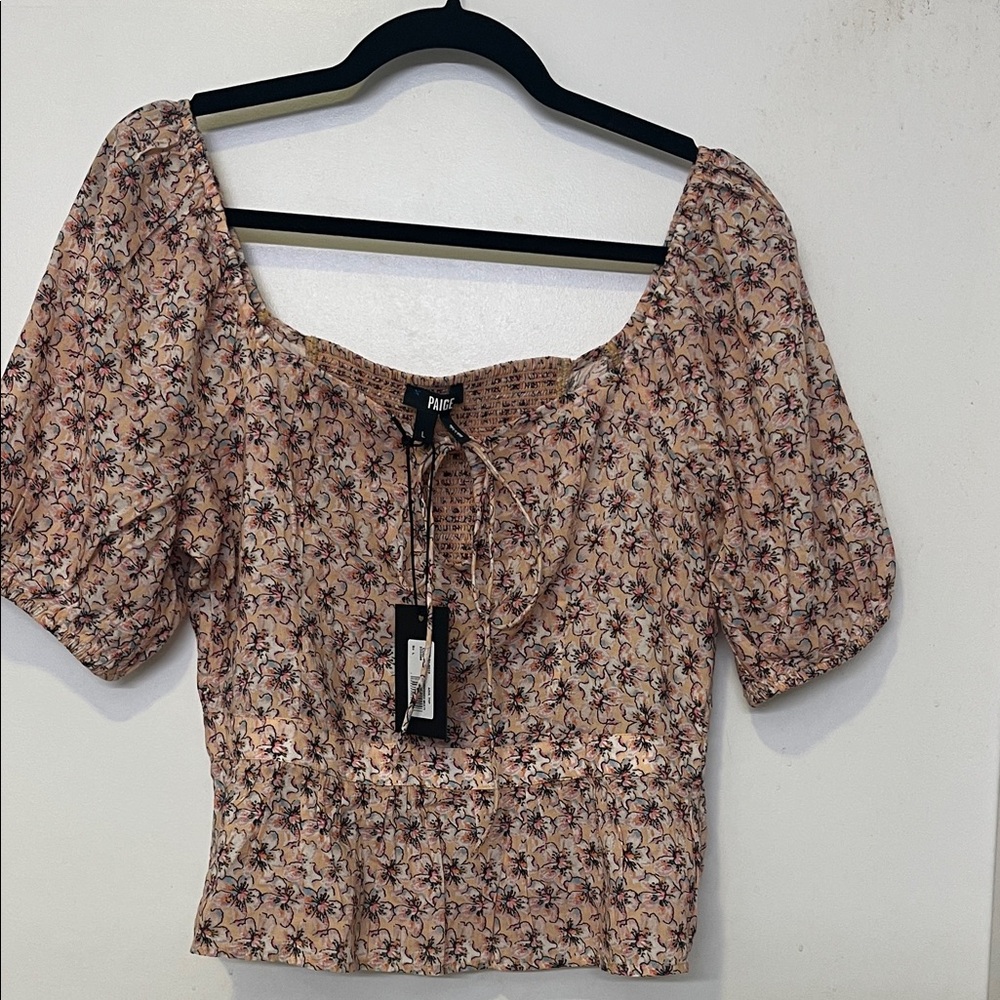PAIGE Blush Floral Square-Neck Puff Sleeve Crop Top